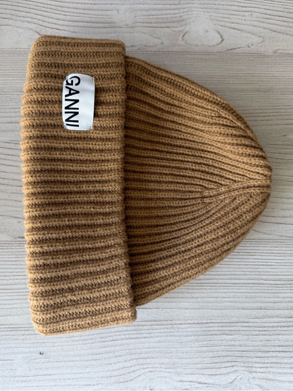 GANNI Ribbed Knit Beanie in Camel